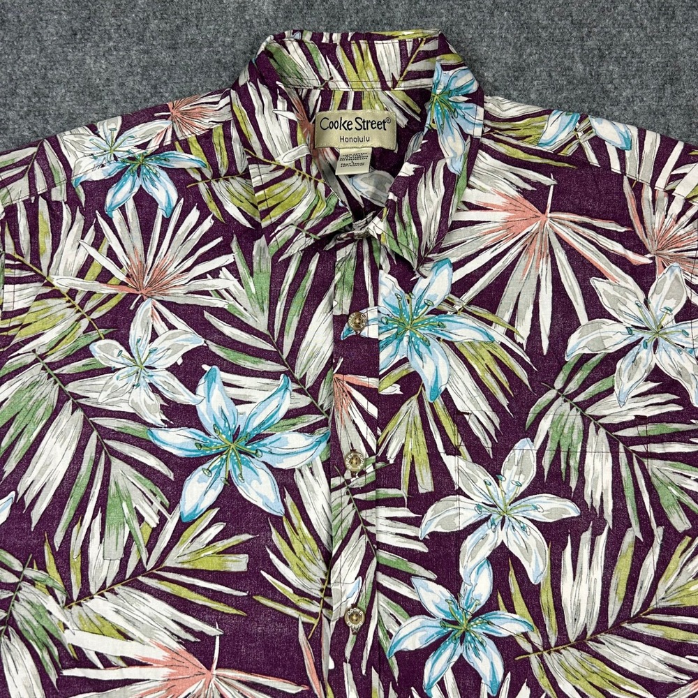 Cooke Street Hawaiian Shirt Men L Purple Floral Tropical Aloha Reverse Print Vtg
